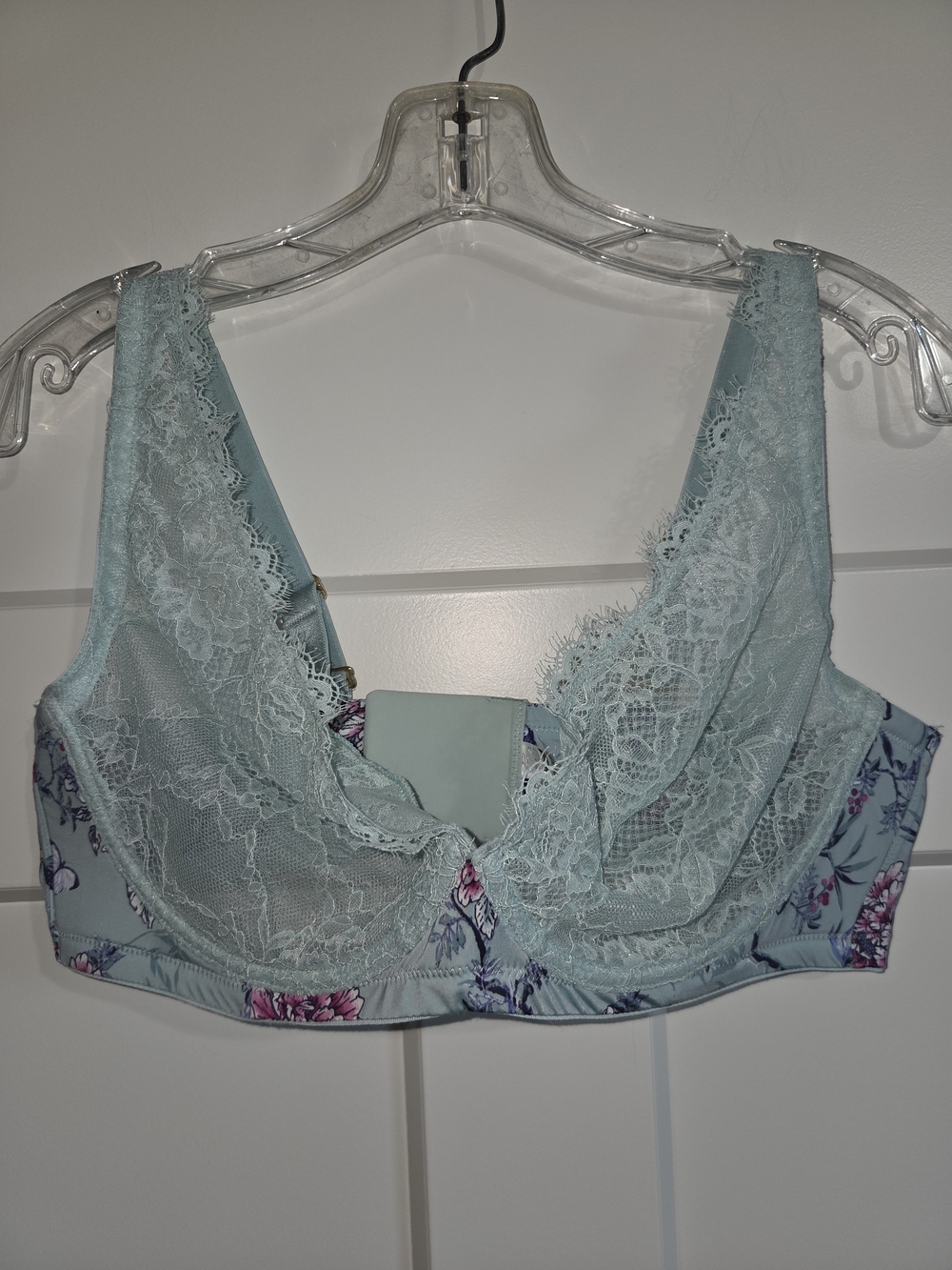Soma Light Aqua Floral Lace Underwire Bra with Pink Accents